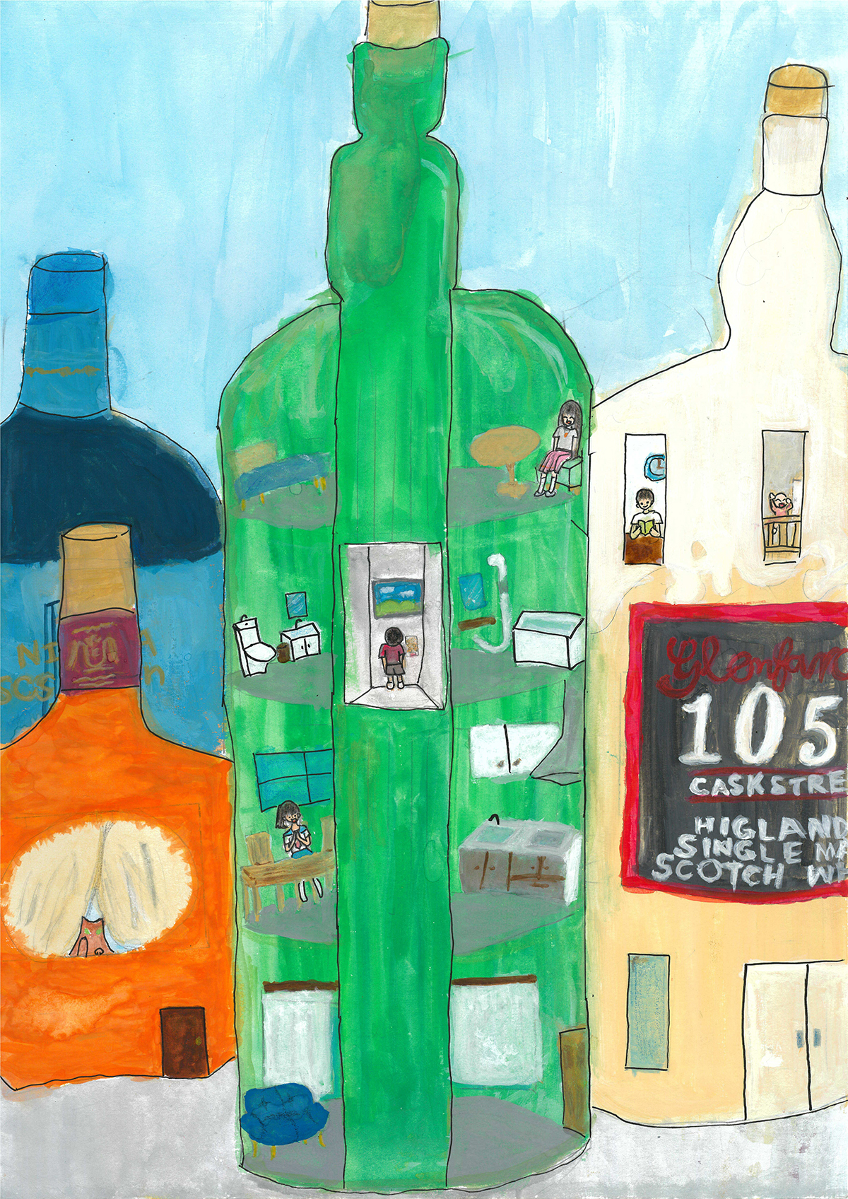 空きビンのビルの家