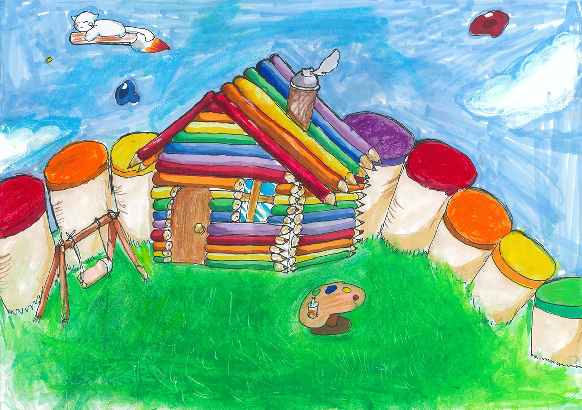 描画用具でできた家