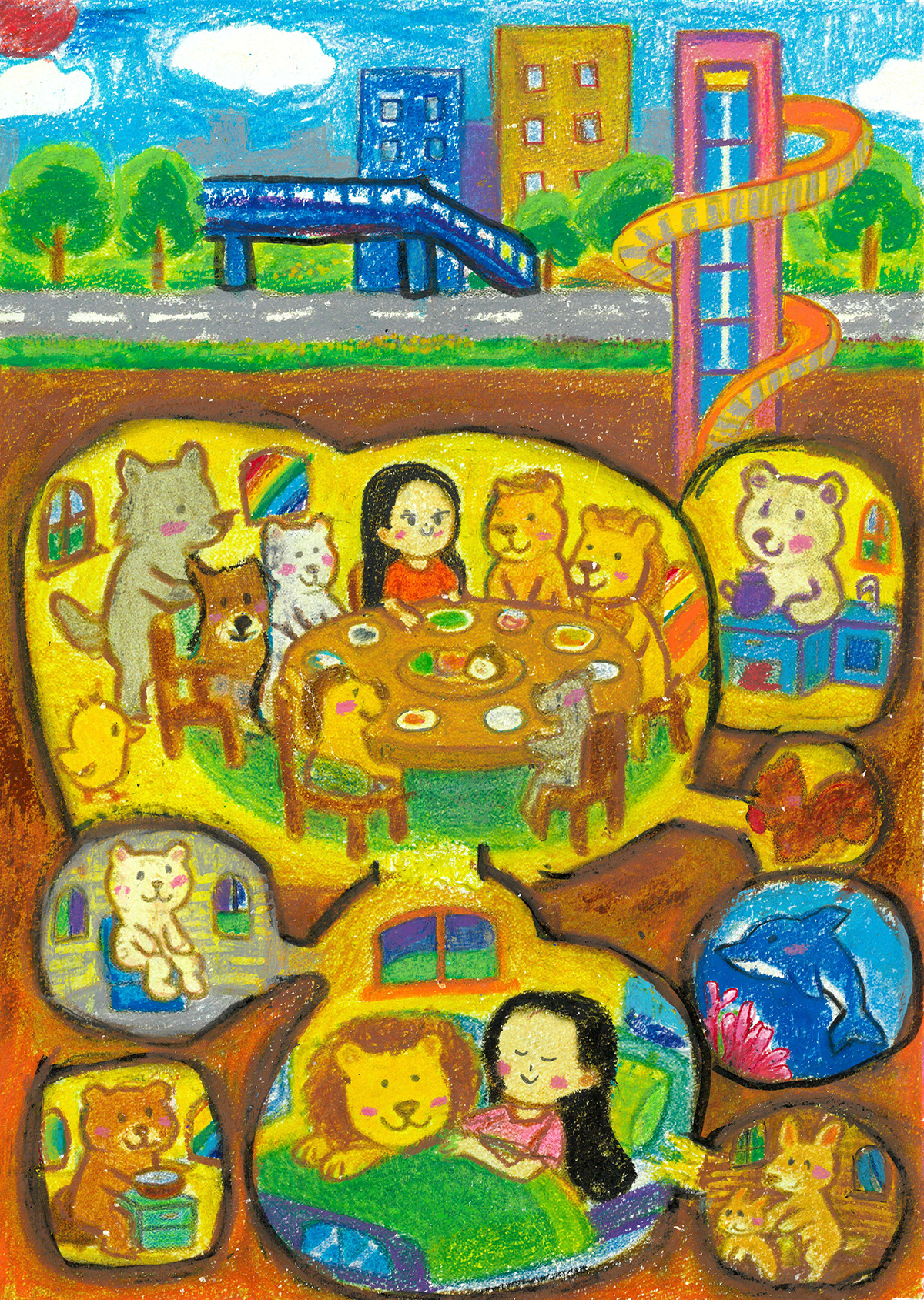 地下に作った動物たちとわたしがいっしょに生活している家